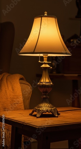 A warm, inviting table lamp with a light beige shade casts a gentle glow in a dimly lit room.