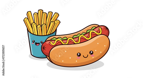 Delightful Fast Food Cartoon Duo: Adorable Hotdog and Fries Character Illustration