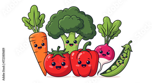 Delightful veggie friends illustration showcasing carrot broccoli tomato bell pepper radish peas