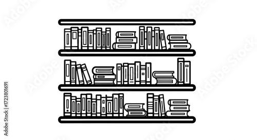 Detailed line drawing of a bookshelf brimming with books showcasing knowledge and wisdom