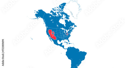 Detailed map of the Americas showcasing specific regions with location markers for emphasis