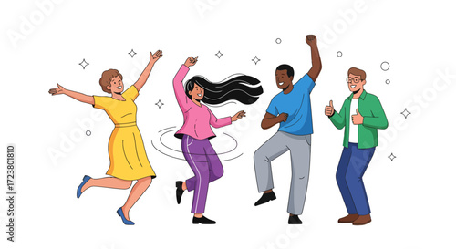 Diverse group of joyful people dancing and celebrating with cheerful expressions and gestures