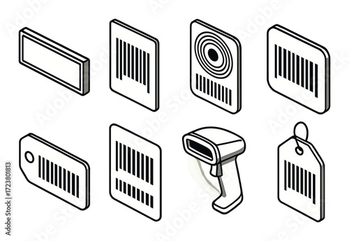 Barcode and scanner icons: tags, labels, and devices in black and white set
