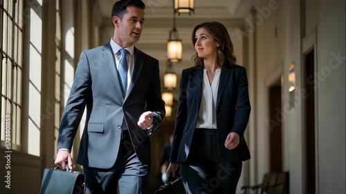 Man and woman walking and talking in a hallway, carrying briefcases, showing professional business footage.