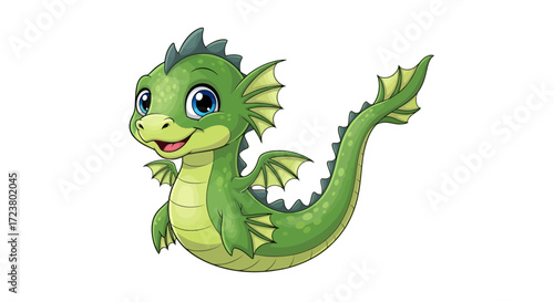 Enchanting green dragon with sparkling eyes, a whimsical vector art piece, perfect for fantasy