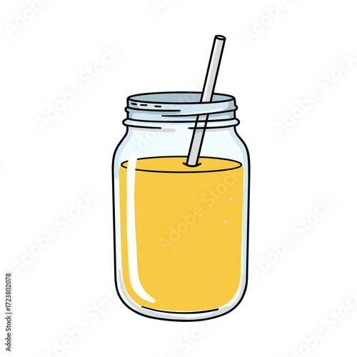 Jar of orange juice with a straw in a transparent glass  