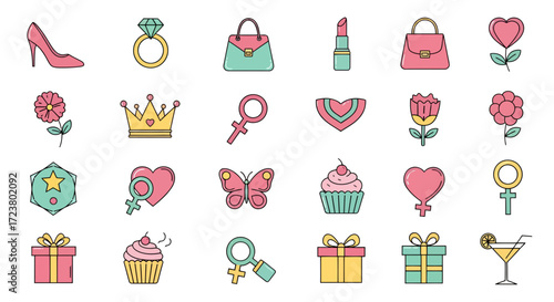 Feminine themed icons set conveying elegance celebration and empowerment attributes icons collection