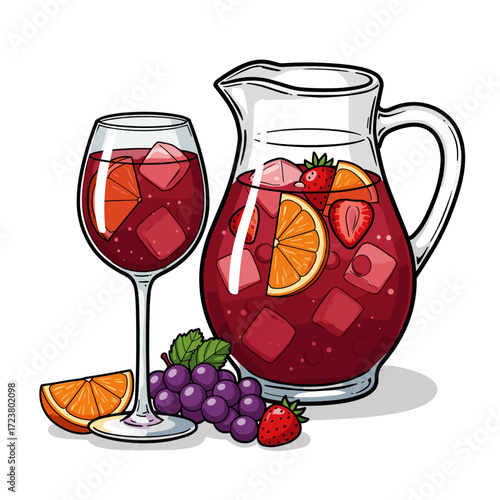 Refreshing fruit punch in pitcher and glass with ice and fruits  