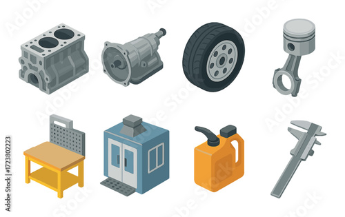 Automotive engine parts and tools on industrial background