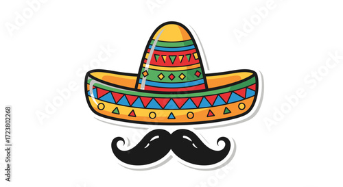 Festive mexican themed icon with colorful sombrero and classic handlebar mustache design
