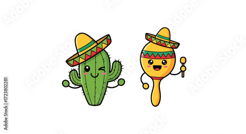Festive cartoon duo featuring a winking cactus and a cheerful maraca both wearing sombreros