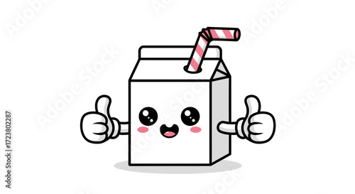 Friendly milk carton character giving thumbs up with a cheerful expression and straw