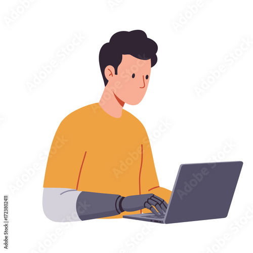 Young man with prosthetic arm typing on laptop while sitting indoors  