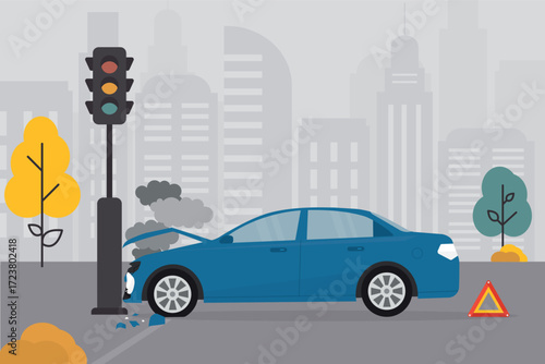 Road accident, car crashed into traffic light. Impact, collision, driver lost control. Road accident in the city. Blue auto with broken hood and headlight.