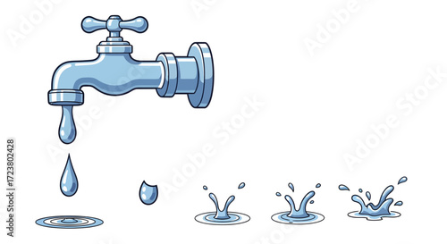 Illustrated water tap with dripping drops illustrating conservation and leaks concept