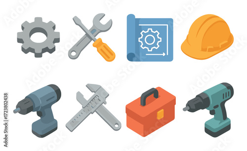 Toolkit icons: gear, drill, hard hat, wrench, blueprints, toolbox set