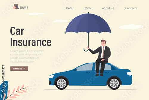 Car insurance, landing page template. Assurance agent or driver holding umbrella and protects automobile. Insurance policy. Car assurance, umbrella above modern blue auto