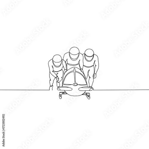 Three athletes preparing a bobsled in minimal line art style, black and white design   