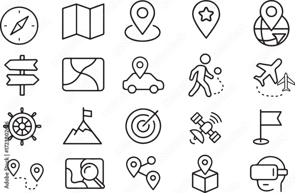Fototapeta premium Navigation Line Icon Set Modern Outline Vector Icons for GPS, Compass, Maps, Routes, Travel, Direction, Location, and Navigation Apps