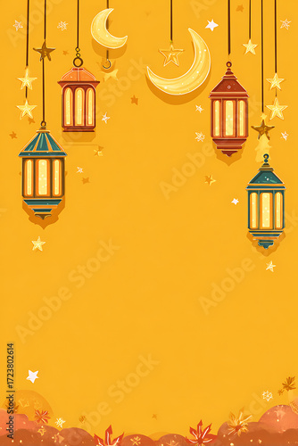 Colorful decorative lanterns and crescent moon against a vibrant yellow background with stars
