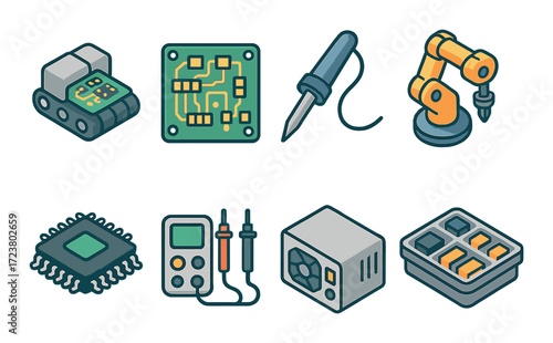 Colorful electronics icons featuring robots, circuit boards, and tools