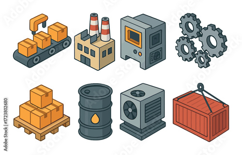 Industrial elements collection with conveyor, factory, shipping container, oil barrel, and gears