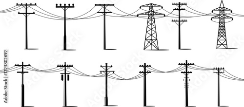 Collection of electricity transmission and distribution poles with overhead wires, vector icons for energy infrastructure, utility design, engineering, and industrial applications.