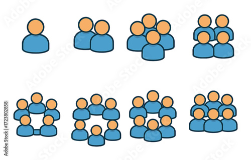 Collection of blue and orange abstract human icons in various group poses