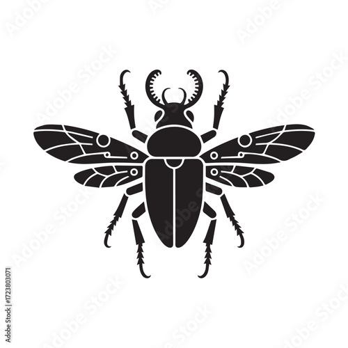 Black silhouette of a stag beetle with spread wings, isolated on white background