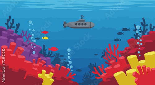 Cartoon Submarine Exploring the Coral Reef A Colorful Underwater Adventure