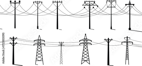 Collection of electricity transmission and distribution poles with overhead wires, vector icons for energy infrastructure, utility design, engineering, and industrial applications.