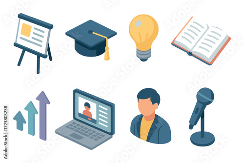Education and technology icons: learning, graduation cap, lightbulb, open book, growth, online interaction, microphone