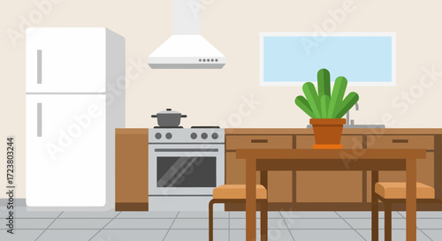 A bright and clean cartoon kitchen interior with modern appliances, wooden furniture, and a potted cactus plant creating a welcoming home atmosphere