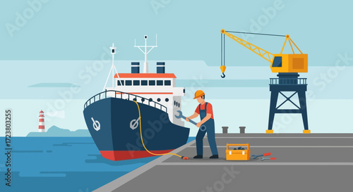 Dockside Repair A Ship Undergoing Maintenance by a Worker with Tools Near a Crane