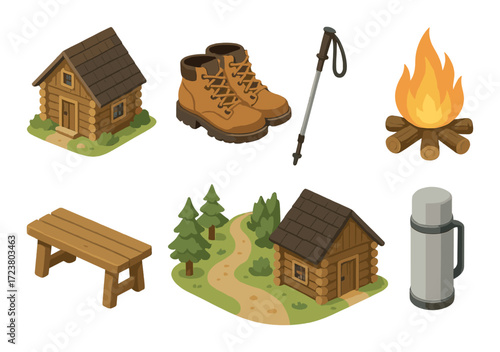 Cozy camping scene with cabins, campfire, hiking gear, and forest path