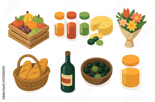 Colorful food and drink selection with fruits, cheese, and flowers