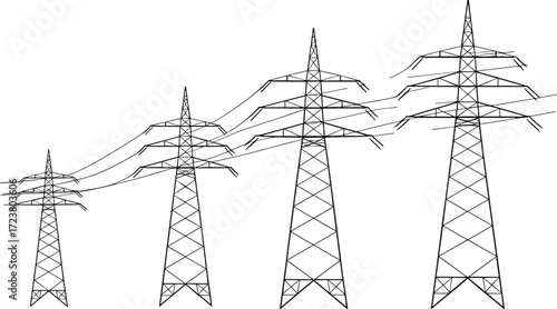 Electricity transmission line with high voltage towers fading into distance, vector illustration for energy infrastructure, utility design, engineering, and industrial visual projects.