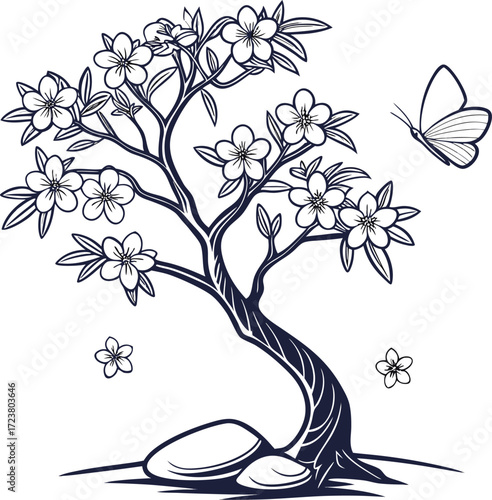 Elegant line art of a blooming jasmine tree with a weathered stone element