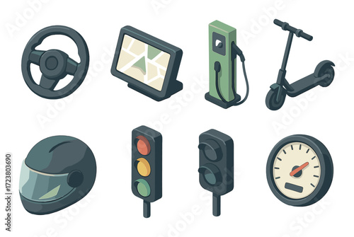 Electric vehicle icons: eco-friendly transportation and navigation illustrations