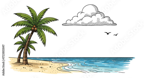 Tropical paradise sketch featuring palm trees, sandy beach, ocean waves and a cloudy sky