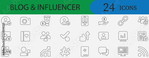 Professional blog and  influencer icon set for social media, digital marketing, content creator, followers, video, live, hashtag and engagement