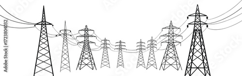 Electricity transmission towers connected in radial network pattern, vector illustration for smart grid, energy infrastructure, utility design, engineering, and industrial applications.