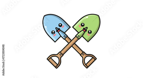 Two cartoon spades with friendly faces crossed playfully on a clean white canvas