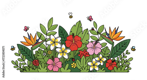 Vibrant tropical garden illustration with hibiscus plumeria and bird of paradise blooms