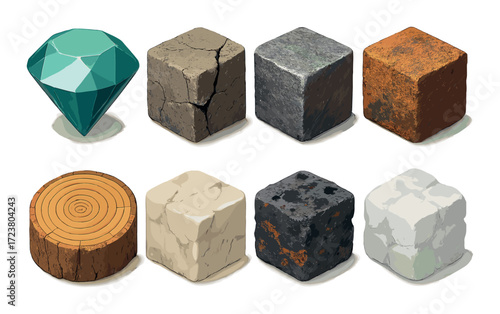 Variety of stylized 3d materials: gems, earth, metal, wood, marble, and stone textures