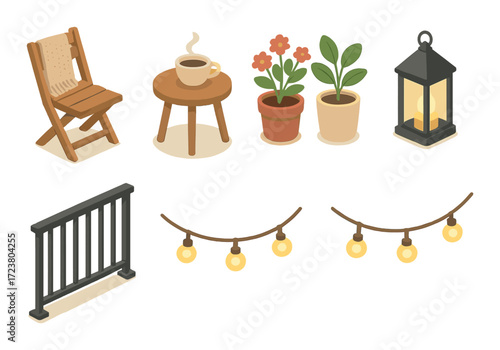 Cozy patio setup with plants, lantern, and string lights