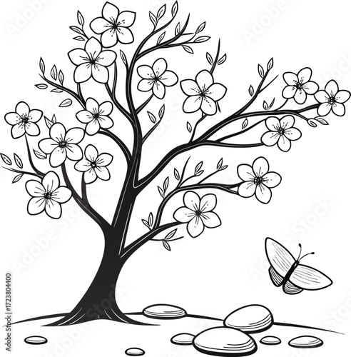 Minimalist line art of a pear blossom tree with a stone element