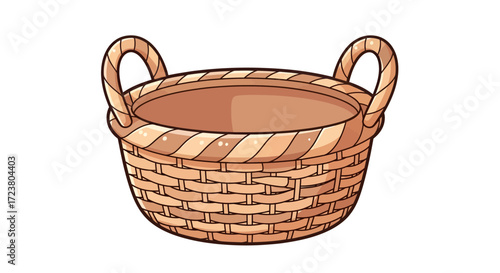 Woven wicker basket illustration with sturdy handles and detailed textures for multiple creative