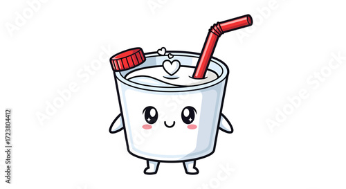 Whimsical kawaii beverage character with a red straw, radiating cute affection and joyous expression