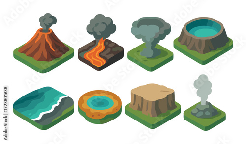 Colorful 2d tiles of volcanoes and geothermal features on green background